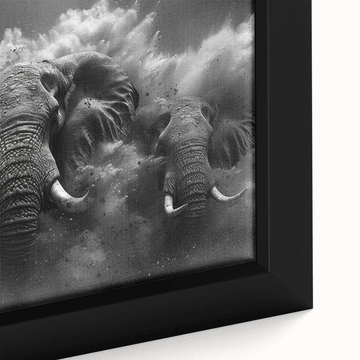 Close-up of a framed canvas print showcasing a stunning elephant design from the "Animals: A Wild Life" collection, featuring intricate details and vibrant colors, perfect for nature enthusiasts.