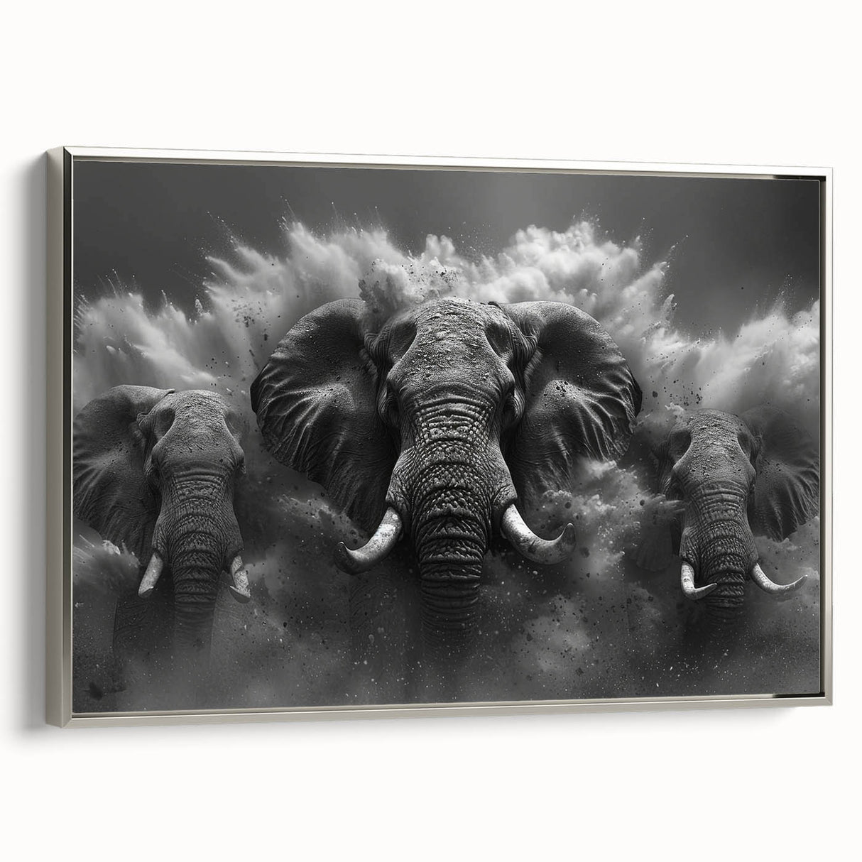 Framed wall art featuring a side view of a majestic elephant design in silver tones, perfect for wildlife enthusiasts and home decor, showcasing intricate details and textures.