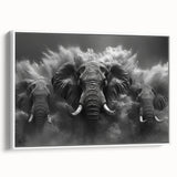Framed canvas wall art depicting a majestic elephant in a white setting, showcasing intricate details and textures, perfect for wildlife enthusiasts and home decor.