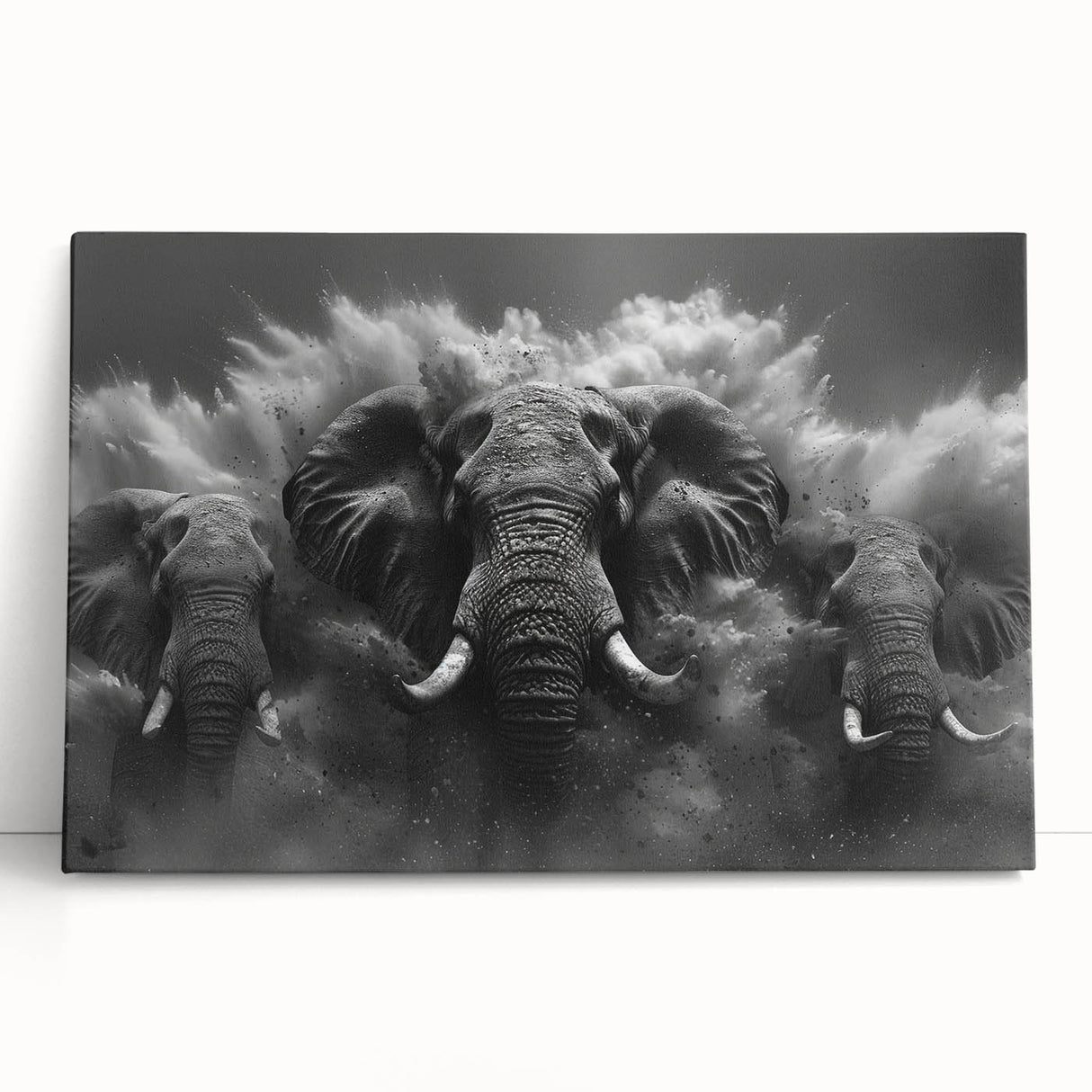 Stretched canvas art featuring a majestic elephant design in vibrant colors, showcasing intricate details and textures, perfect for wildlife decor enthusiasts.