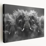 Side view of a stretched canvas wall art featuring a majestic elephant design, showcasing intricate details in gray and white hues, perfect for wildlife enthusiasts.
