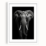 White-framed wall art featuring a striking elephant design, showcasing intricate details and vibrant colors, perfect for nature enthusiasts and home decor lovers.