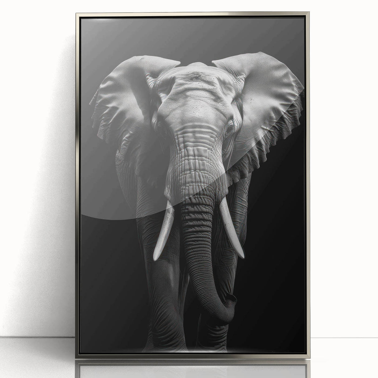 Framed wall art featuring a striking acrylic design of an elephant, showcasing intricate details and a silver frame, perfect for wildlife enthusiasts and modern decor.