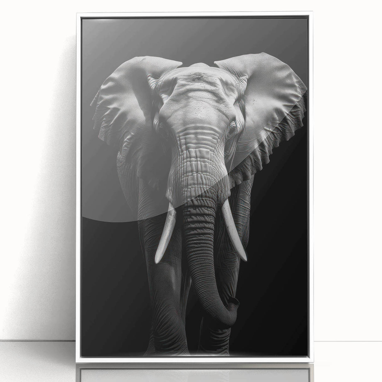 Framed wall art showcasing a serene white elephant design, set against a minimalist background, perfect for adding elegance to modern home decor.