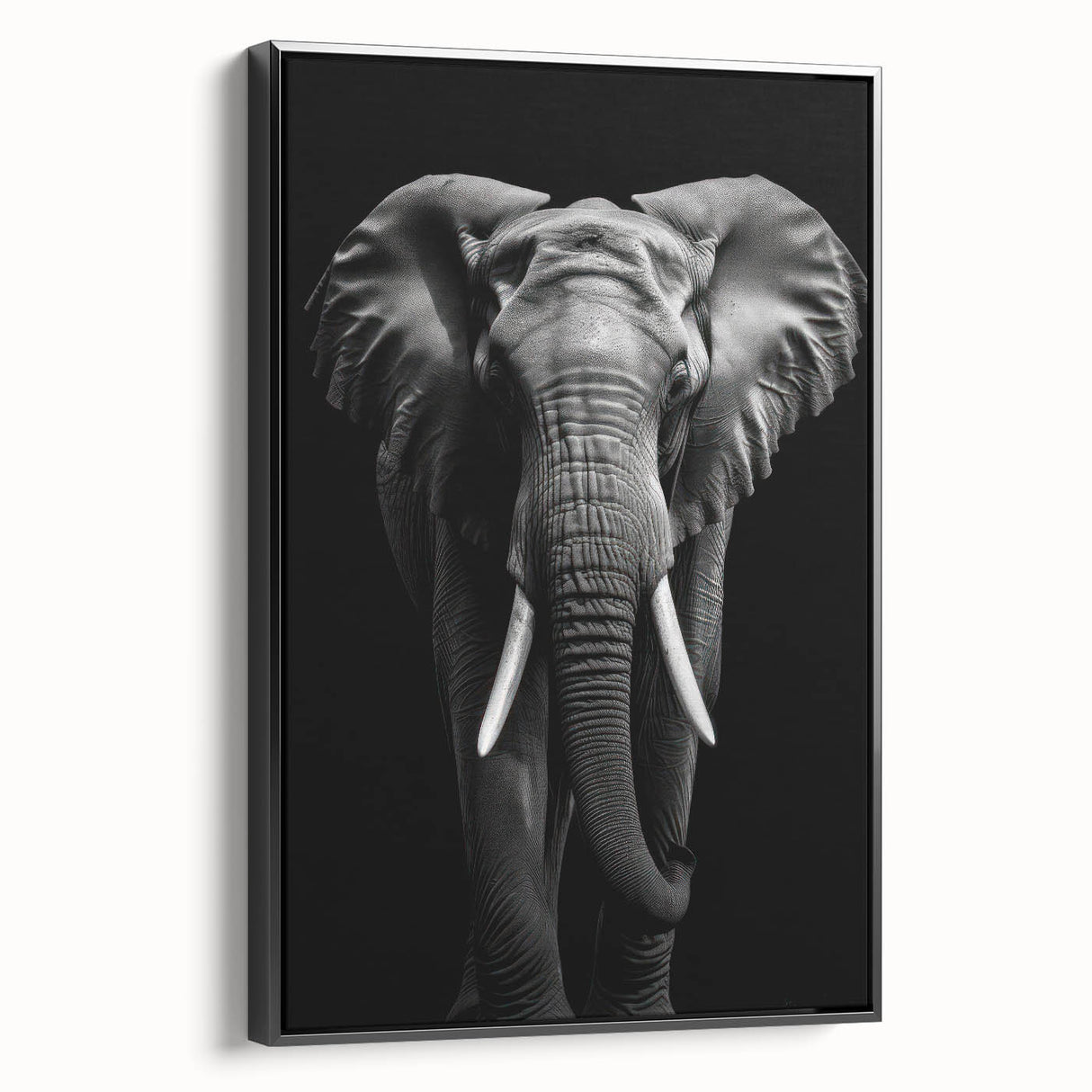 Framed canvas wall art showcasing a black and white side view of an elephant, featuring intricate details and textures, perfect for wildlife decor enthusiasts.