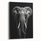 Framed canvas wall art showcasing a black and white side view of an elephant, featuring intricate details and textures, perfect for wildlife decor enthusiasts.