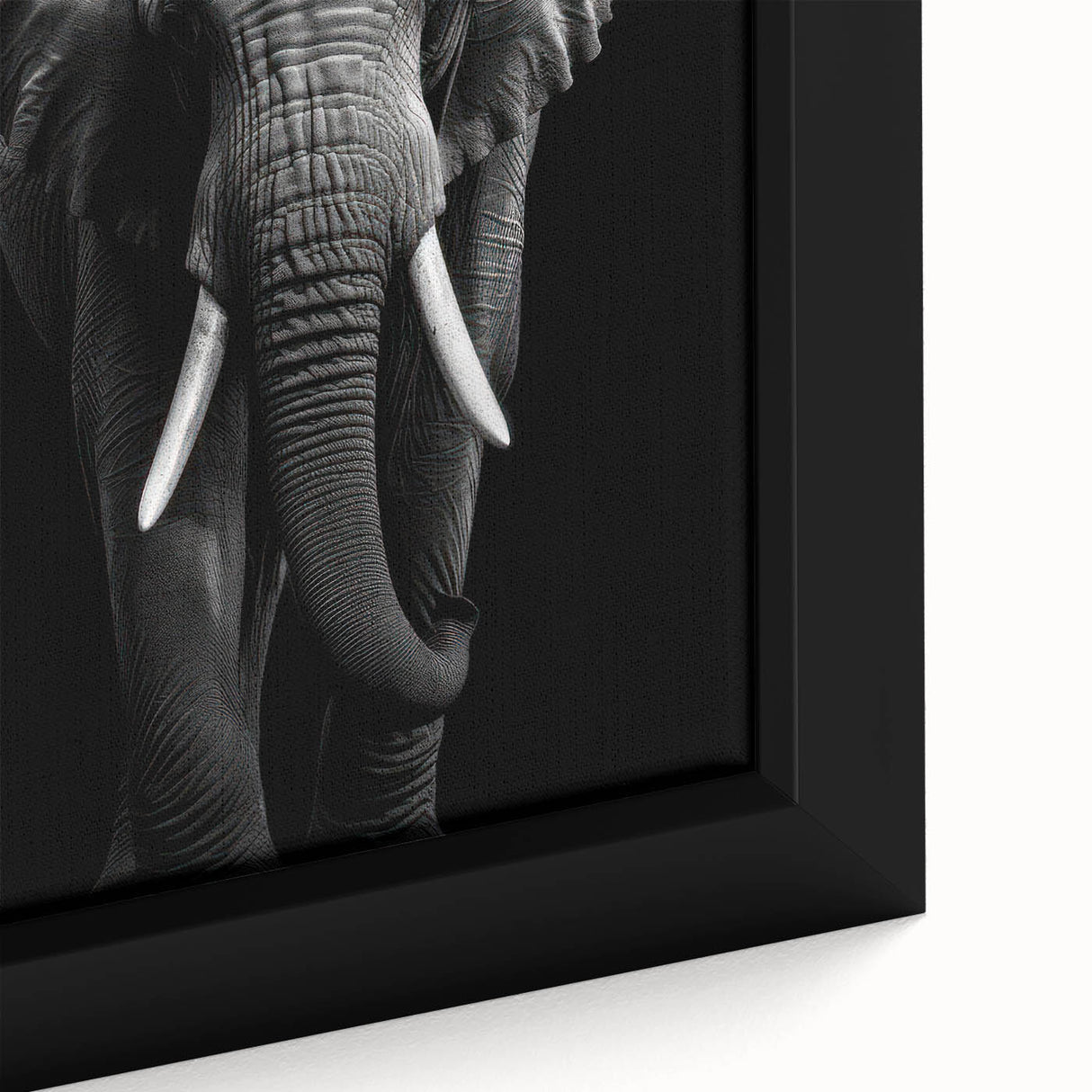 Close-up view of a framed canvas wall art featuring a vibrant and detailed elephant design, showcasing intricate textures and colors, perfect for wildlife enthusiasts.