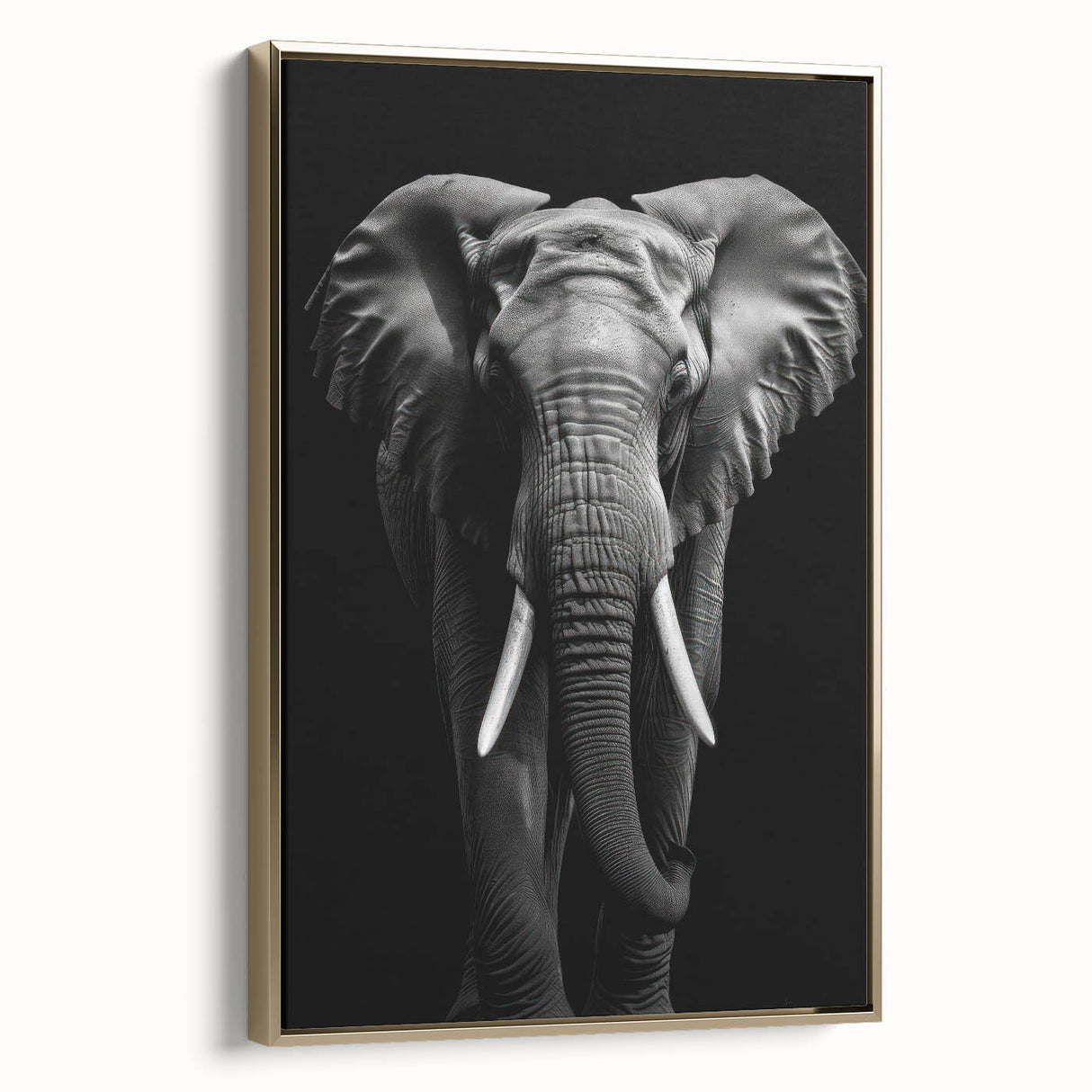 Framed canvas wall art showcasing a majestic elephant design with intricate details, set against a gold background, perfect for wildlife enthusiasts and home decor.