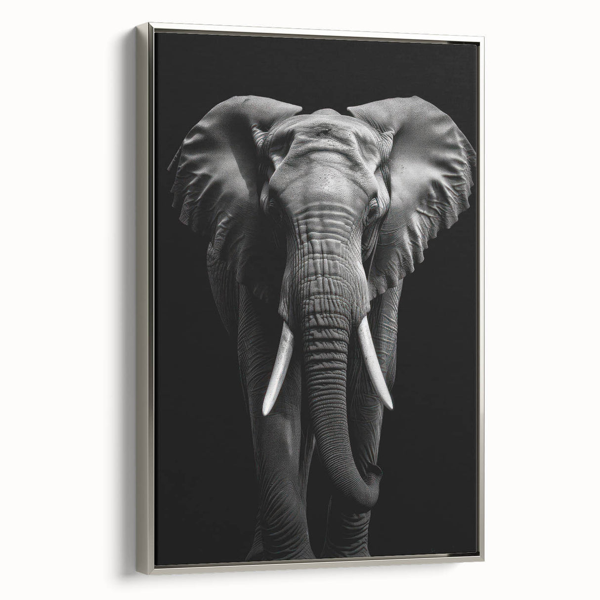 Framed wall art featuring a majestic side view of an elephant, elegantly displayed with a silver frame, perfect for nature lovers and safari-themed decor.