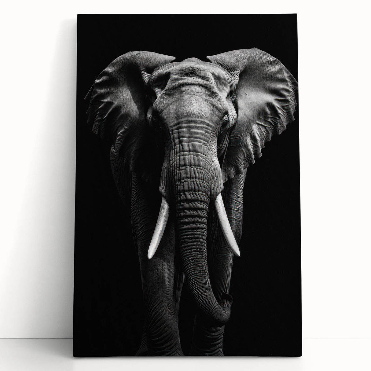 Stretched canvas wall art showcasing a majestic elephant design in vibrant colors, perfect for wildlife enthusiasts and home decor, leaning against a wall.