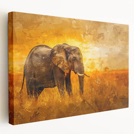 Side view of a vibrant stretched canvas wall art piece depicting an elephant in a natural setting, showcasing detailed textures and earthy colors, perfect for wildlife enthusiasts.