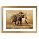 Framed wall art showcasing an elegant design of an African elephant in gold accents, set against a textured mat for a sophisticated touch. Ideal for wildlife enthusiasts and home decor.