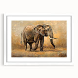 Elephant-themed wall art design showcasing a beautiful illustration of an elephant in a natural setting, framed with a white mat, perfect for home decor.