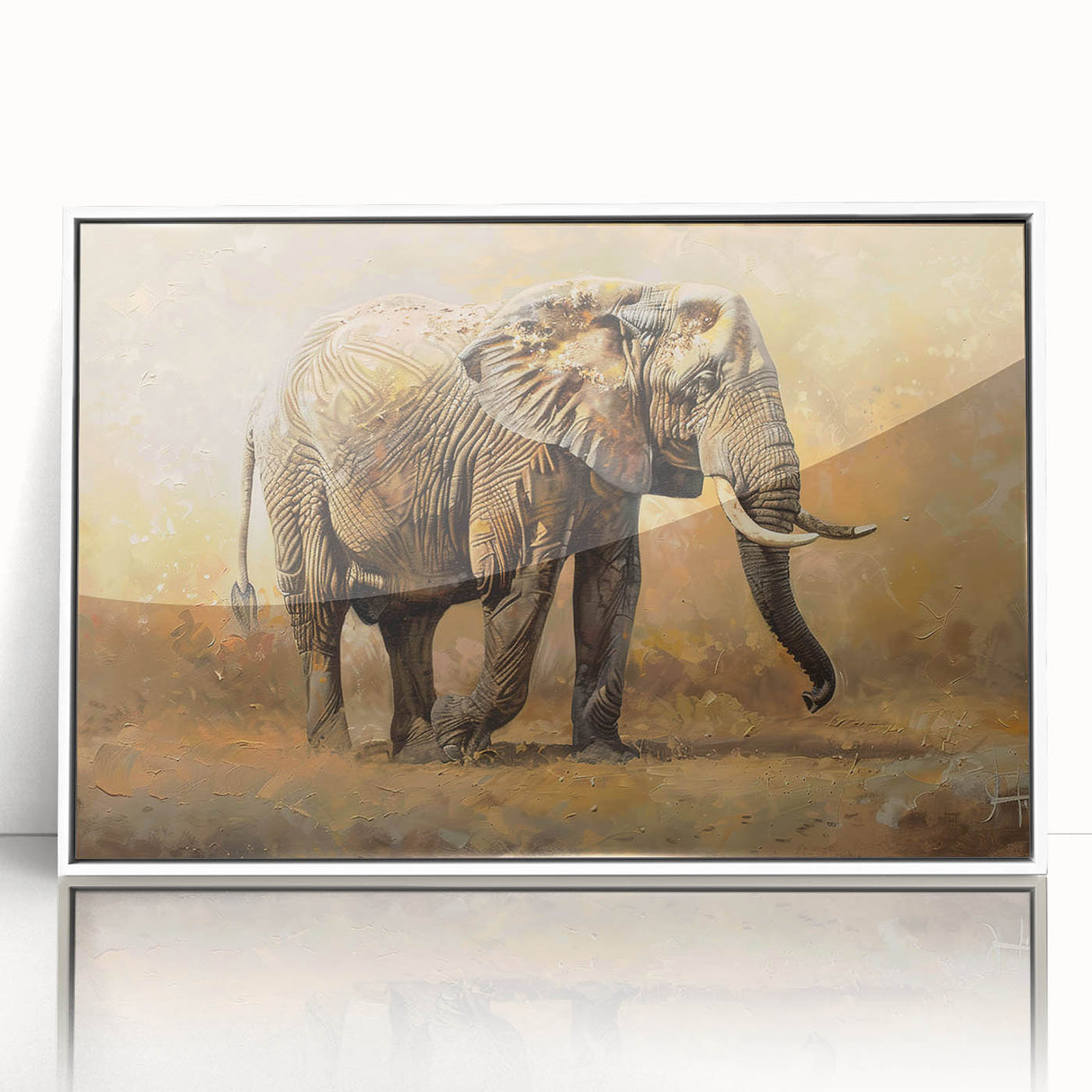Framed wall art featuring a stunning elephant design in a contemporary style, showcasing intricate details and vibrant colors against a white background, ideal for wildlife enthusiasts and modern decor.