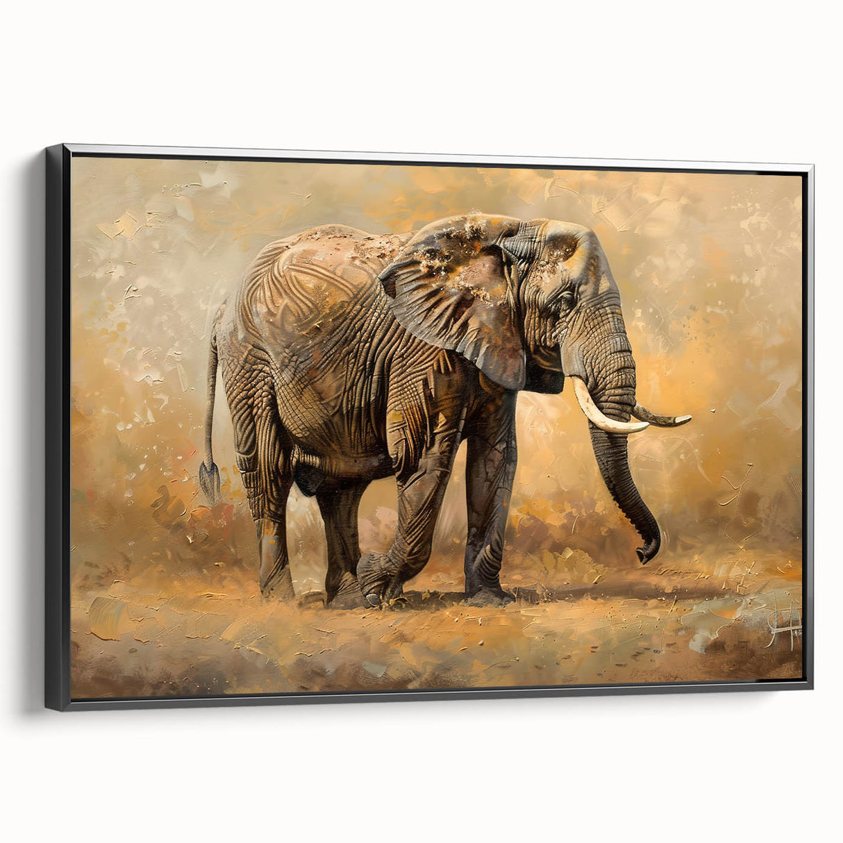 Framed canvas wall art featuring a side view of a majestic elephant, showcasing intricate details and a black background, perfect for wildlife decor enthusiasts. Ideal for adding an elegant touch to any living space.