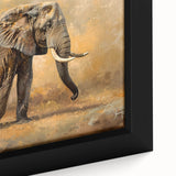 Close-up of a framed canvas showcasing a vibrant elephant design, featuring intricate details and rich colors, perfect for wildlife-themed decor in homes or offices.