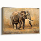 Elegant framed canvas wall art showcasing a majestic side view of an elephant, detailed with gold accents, perfect for adding a touch of wildlife elegance to any room decor.