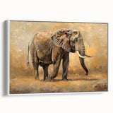 Framed canvas wall art showcasing a majestic elephant in a serene natural setting, emphasizing intricate details and vibrant colors, perfect for wildlife enthusiasts.