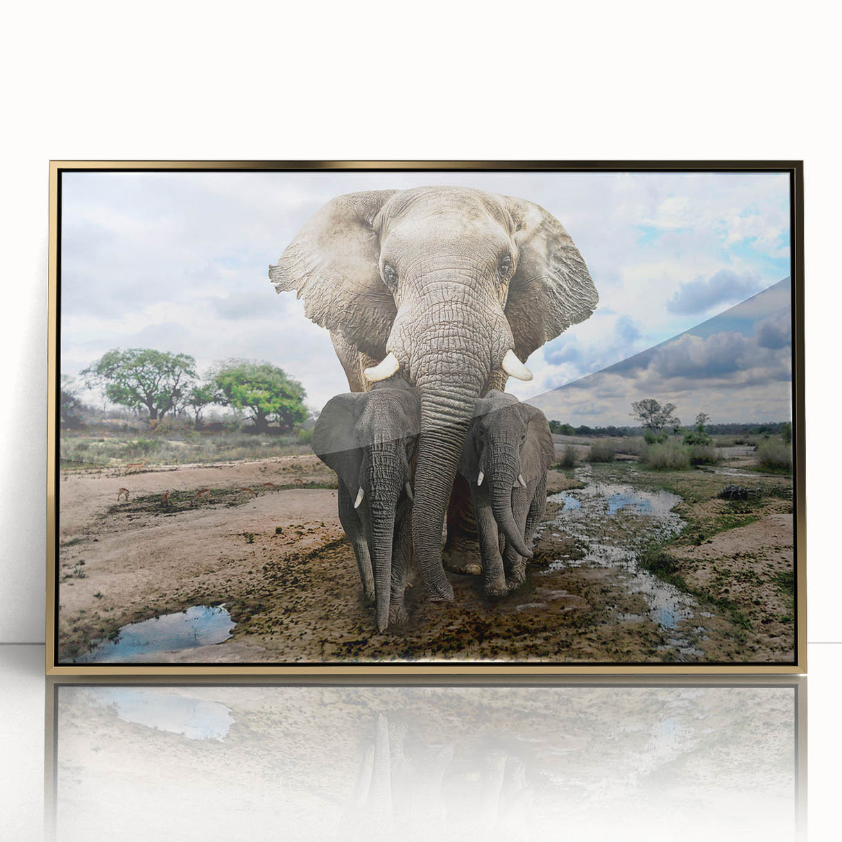 Framed wall art featuring a majestic elephant design set against a gold background, highlighting intricate details and textures, perfect for wildlife enthusiasts.