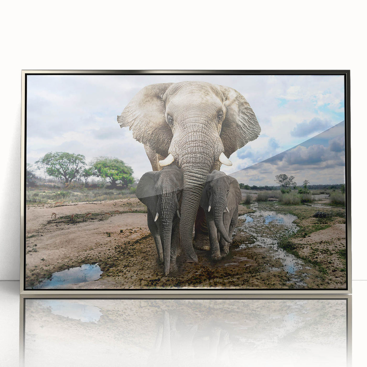 Framed acrylic wall art featuring a majestic elephant design, showcasing intricate details and a silver frame, perfect for adding a touch of wildlife elegance to any decor.