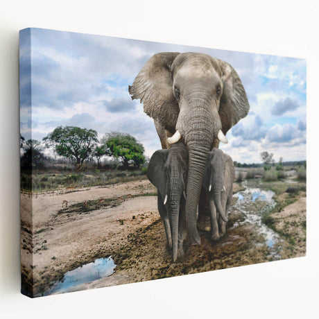 Stretched canvas wall art showcasing a majestic side view of an elephant, highlighting intricate details and vibrant colors, perfect for wildlife decor enthusiasts.