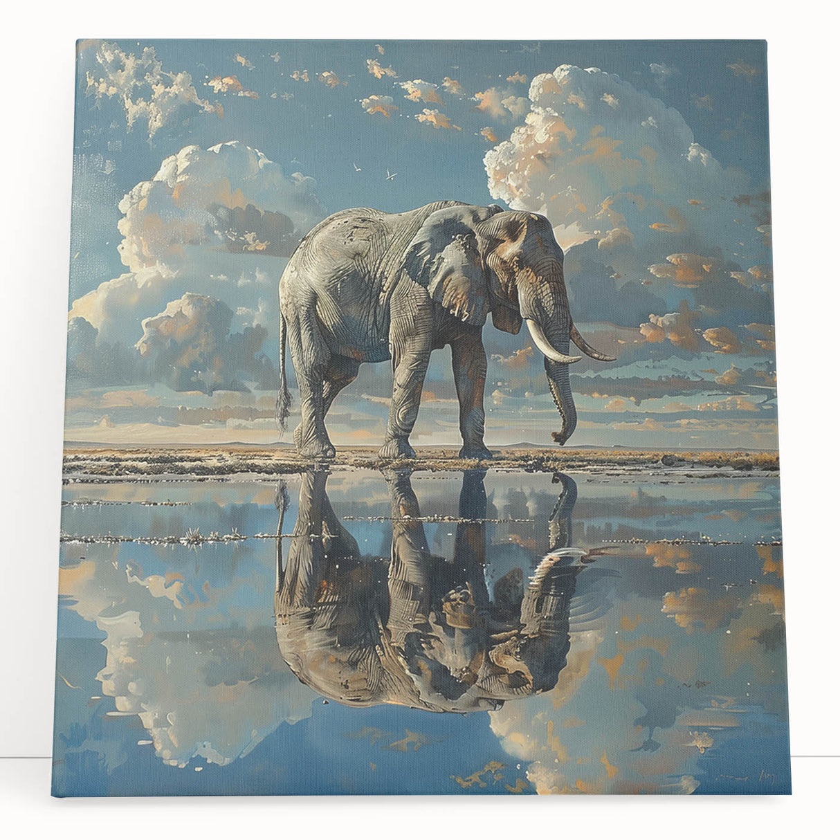 Stretched canvas wall art featuring a vibrant elephant design, showcasing intricate details and rich colors, perfect for wildlife enthusiasts and home decor.