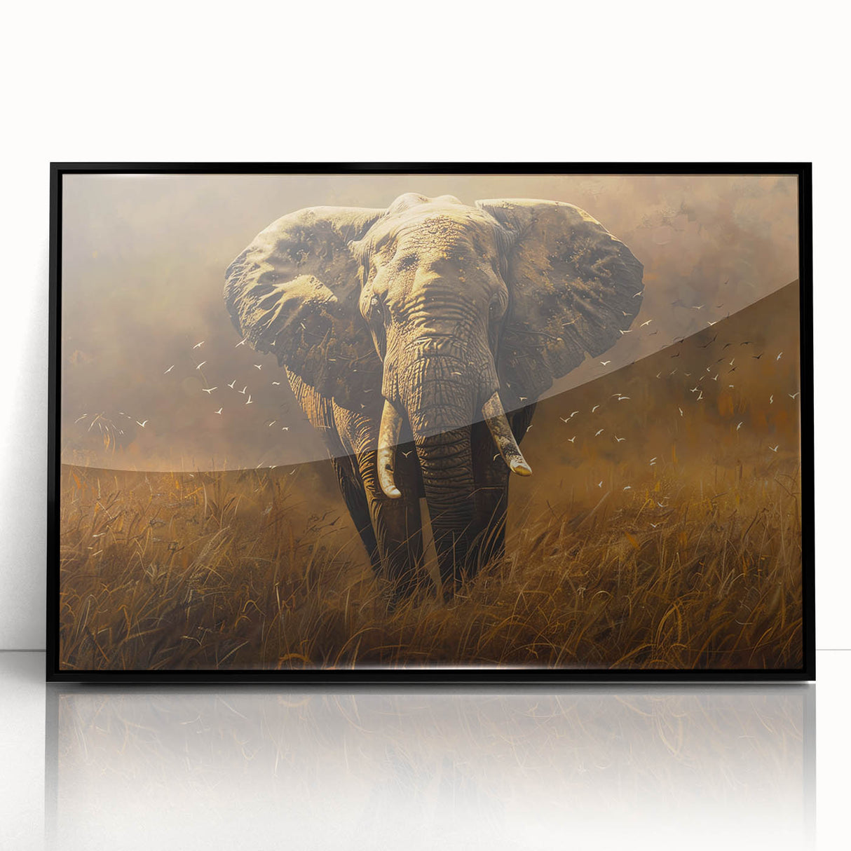 Framed acrylic wall art featuring a striking black and white elephant design, showcasing intricate details and textures, perfect for wildlife enthusiasts and home decor.