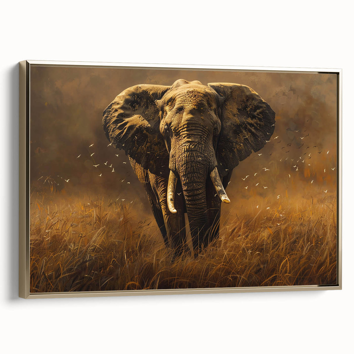 Framed canvas wall art featuring a majestic elephant design in gold, showcasing intricate details against a textured background, ideal for wildlife enthusiasts.