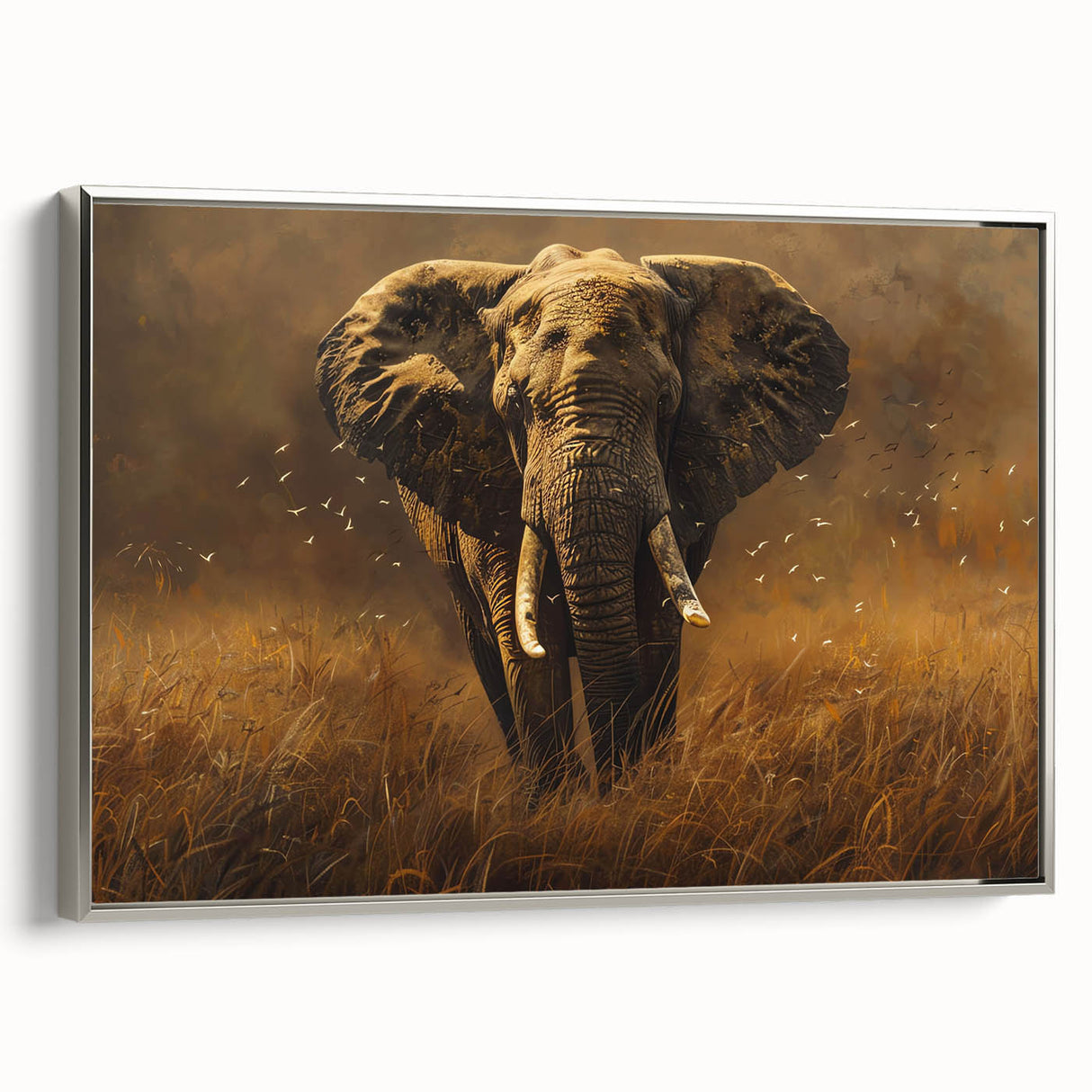 Framed wall art canvas featuring a silver side view of an elegant elephant design, showcasing intricate details and textures, perfect for wildlife enthusiasts and home decor.