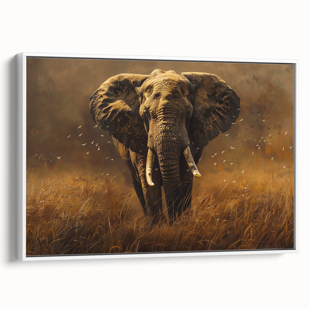 Framed canvas wall art showcasing a side view of a majestic elephant in a tranquil setting, ideal for wildlife enthusiasts and home decor lovers. The design features subtle earth tones that enhance any interior space.