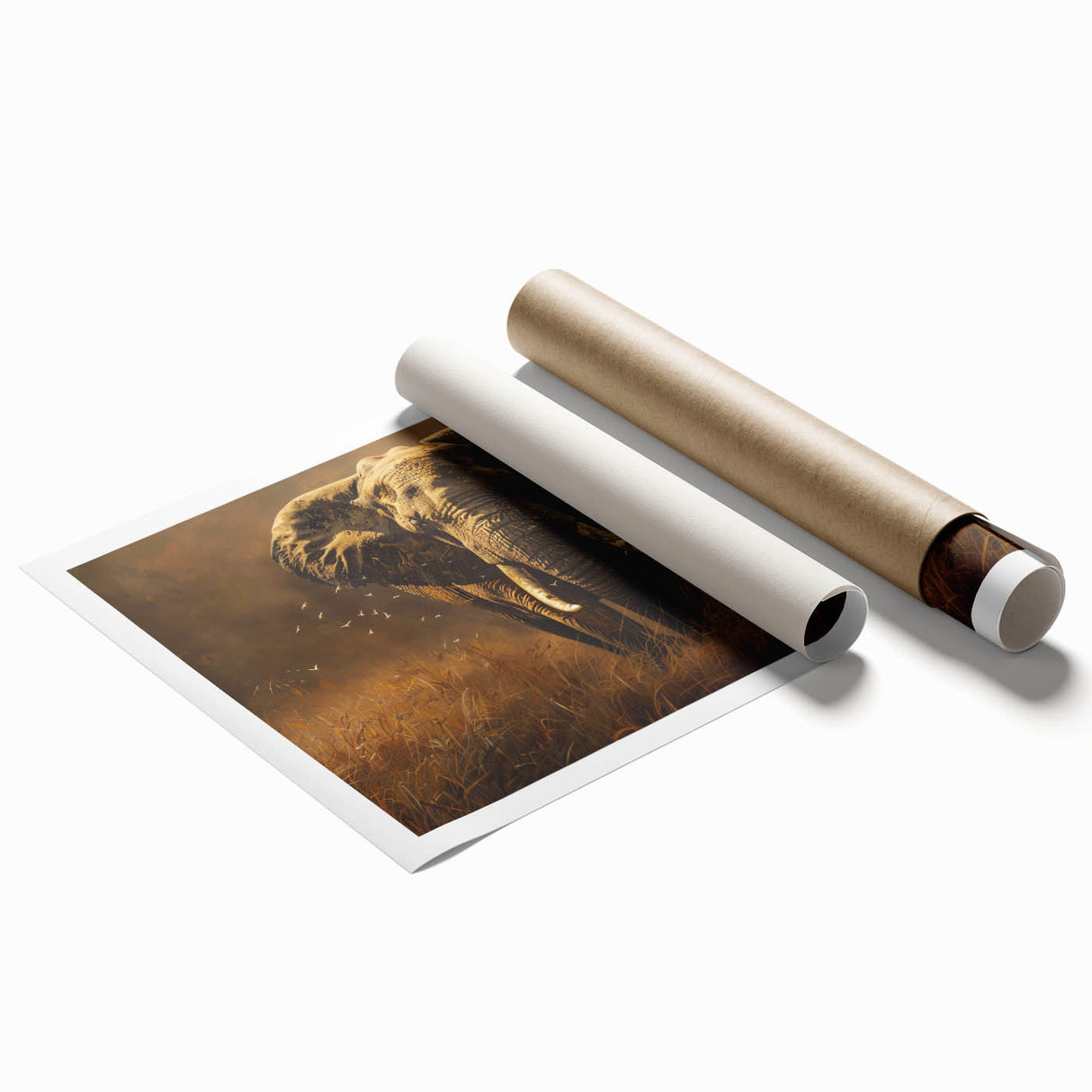 Elegant rolled print of an African elephant design showcasing intricate details and vibrant colors, ideal for home decor or wildlife enthusiasts, packaged securely in a cardboard tube for easy display.