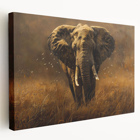 Stretched canvas artwork displaying a side view of a majestic elephant in a natural habitat, featuring earthy colors and intricate details, ideal for wildlife-themed decor.