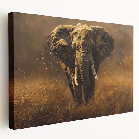 Stretched canvas artwork displaying a side view of a majestic elephant in a natural habitat, featuring earthy colors and intricate details, ideal for wildlife-themed decor.