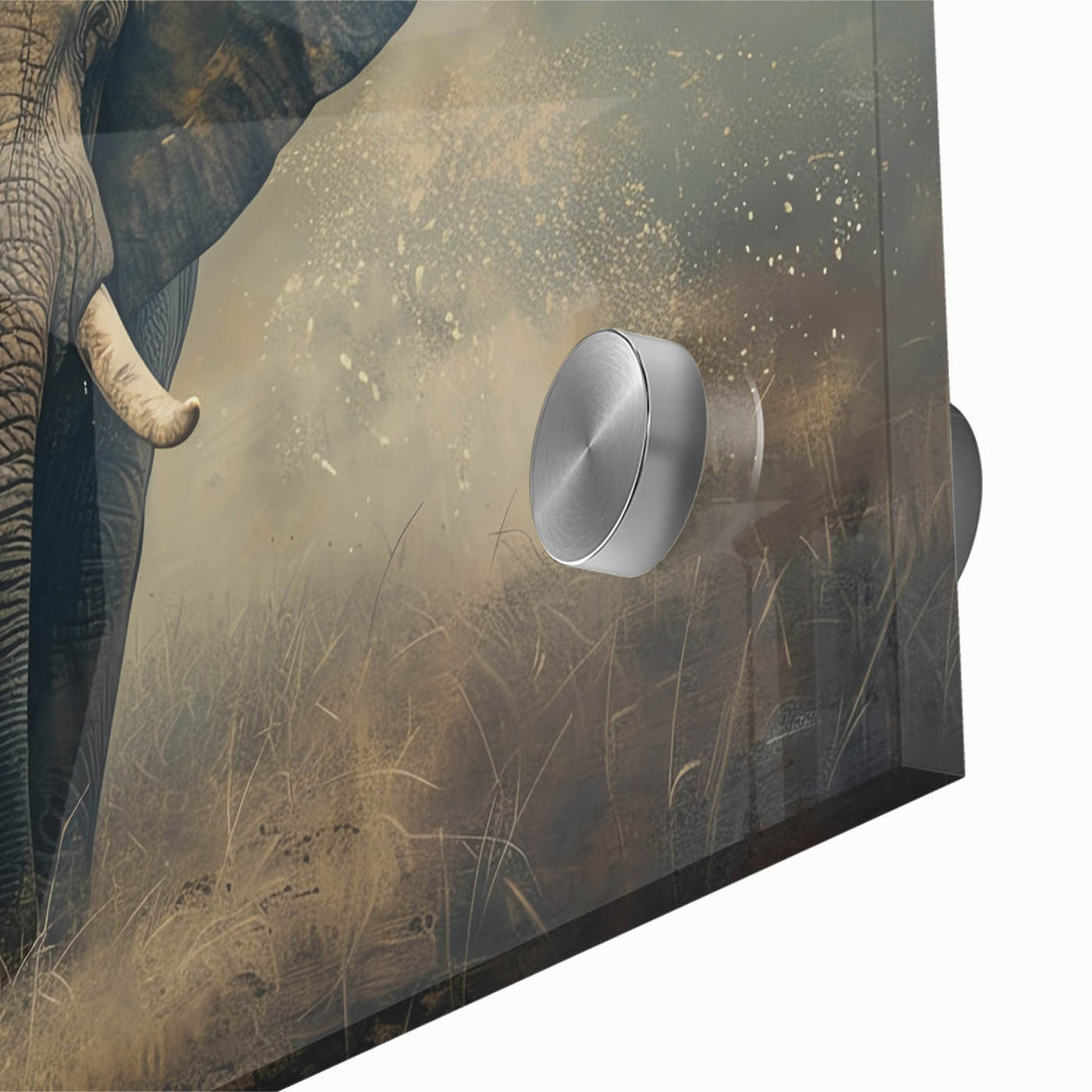 Close-up of a vibrant acrylic glass wall art piece featuring a majestic elephant design, showcasing intricate details and textures, perfect for wildlife enthusiasts.