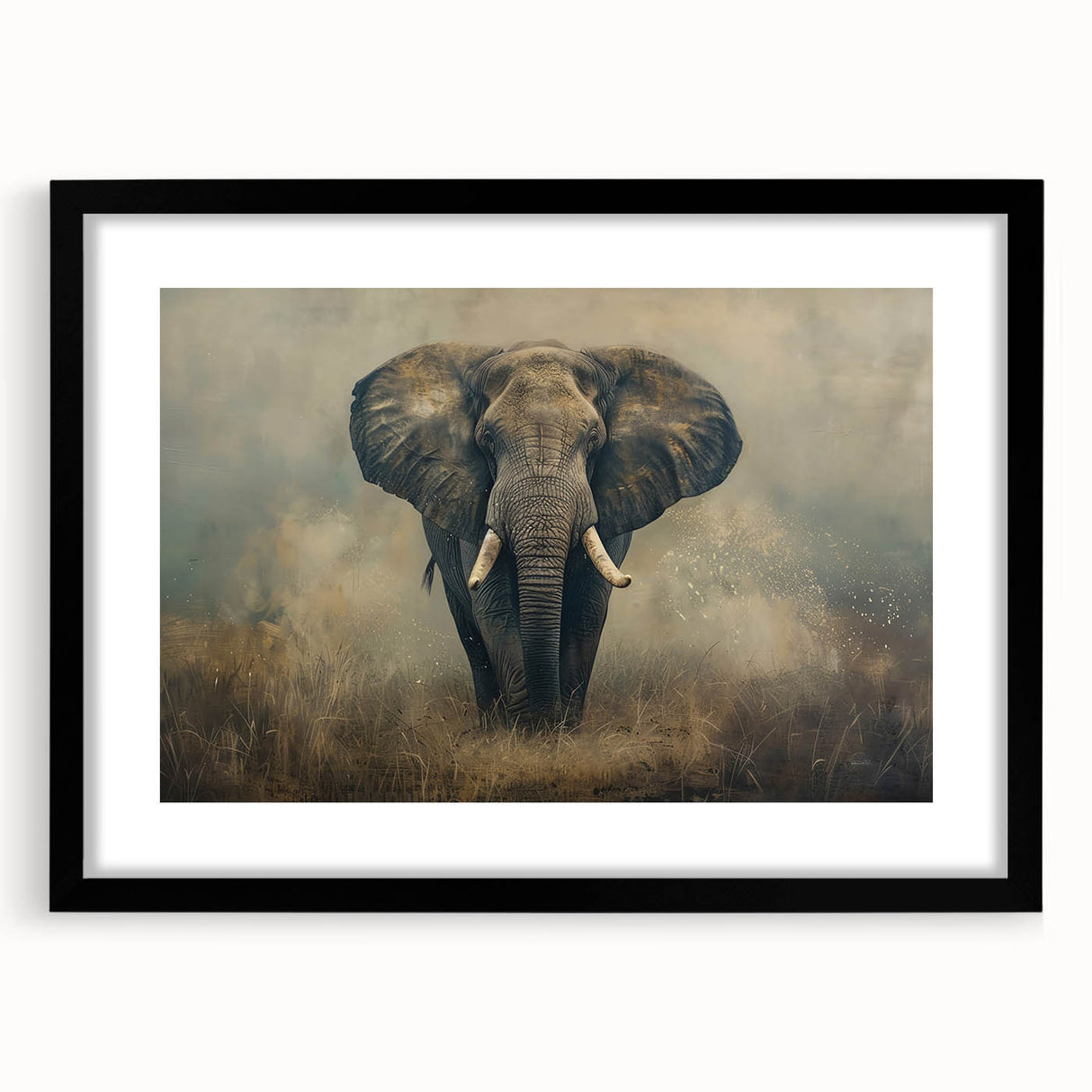 Framed wall art featuring a striking black and white elephant design, set against a minimalist mat, perfect for enhancing modern home decor or wildlife-themed spaces.