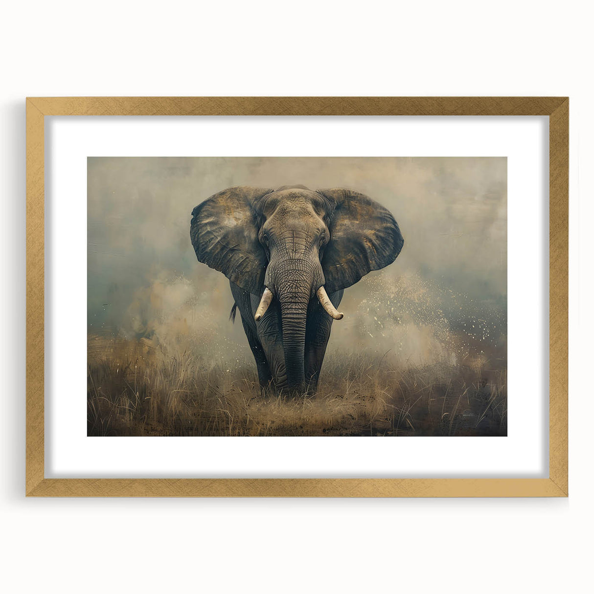 Elephant-themed wall art in a gold frame showcasing intricate details of the animal's majestic form, perfect for adding a touch of nature-inspired elegance to home decor.