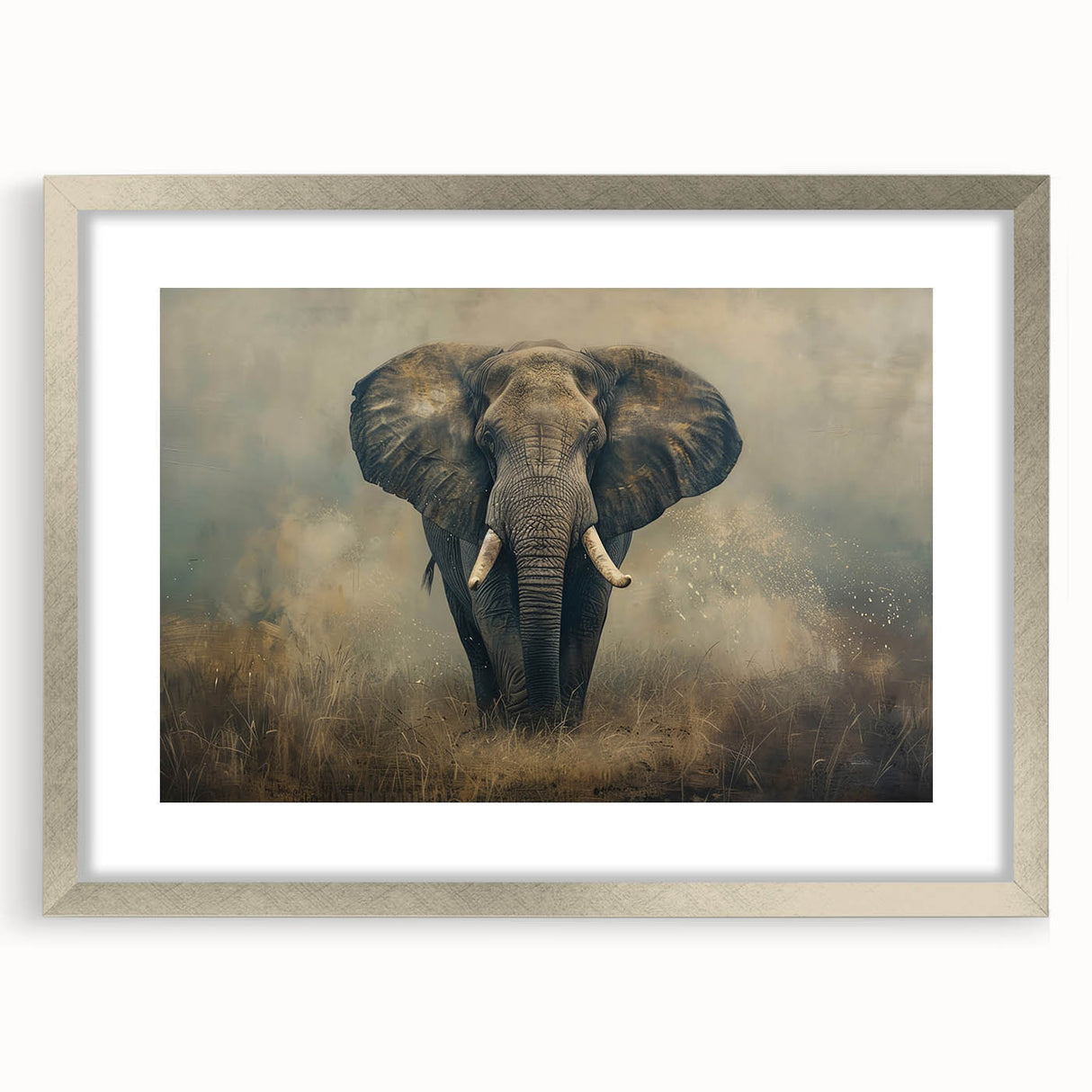 Framed wall art featuring a majestic elephant design in silver tones, showcasing intricate details and a contemporary mat, perfect for wildlife enthusiasts.