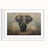 Framed wall art featuring a majestic elephant design in a white mat, perfect for wildlife enthusiasts, adding a touch of nature to any decor.