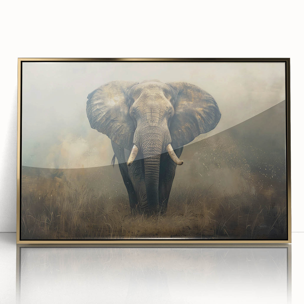 Framed wall art featuring a majestic elephant design in gold accents, showcasing intricate details and vibrant colors, perfect for wildlife enthusiasts and home decor.