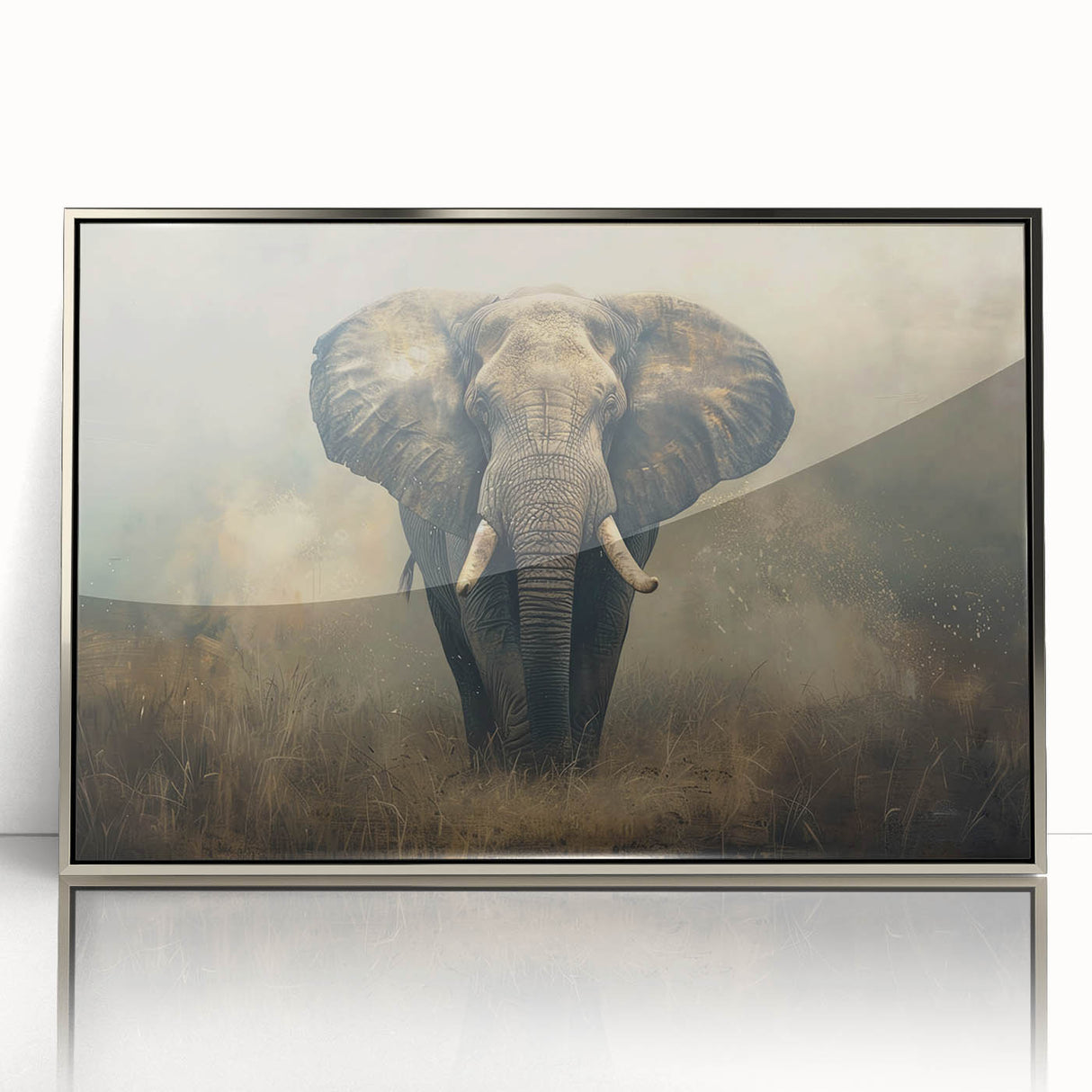 Framed acrylic wall art featuring a majestic African elephant design, highlighted in a silver frame. The artwork captures intricate details and vibrant colors, perfect for enhancing any room's decor. Ideal for wildlife enthusiasts and art collectors.