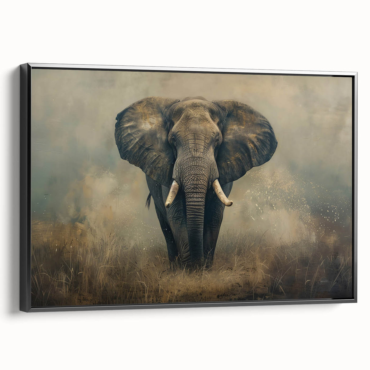 Framed wall art showcasing a striking side view of a majestic elephant, designed with intricate details and a vibrant color palette, perfect for animal lovers and home decor enthusiasts.