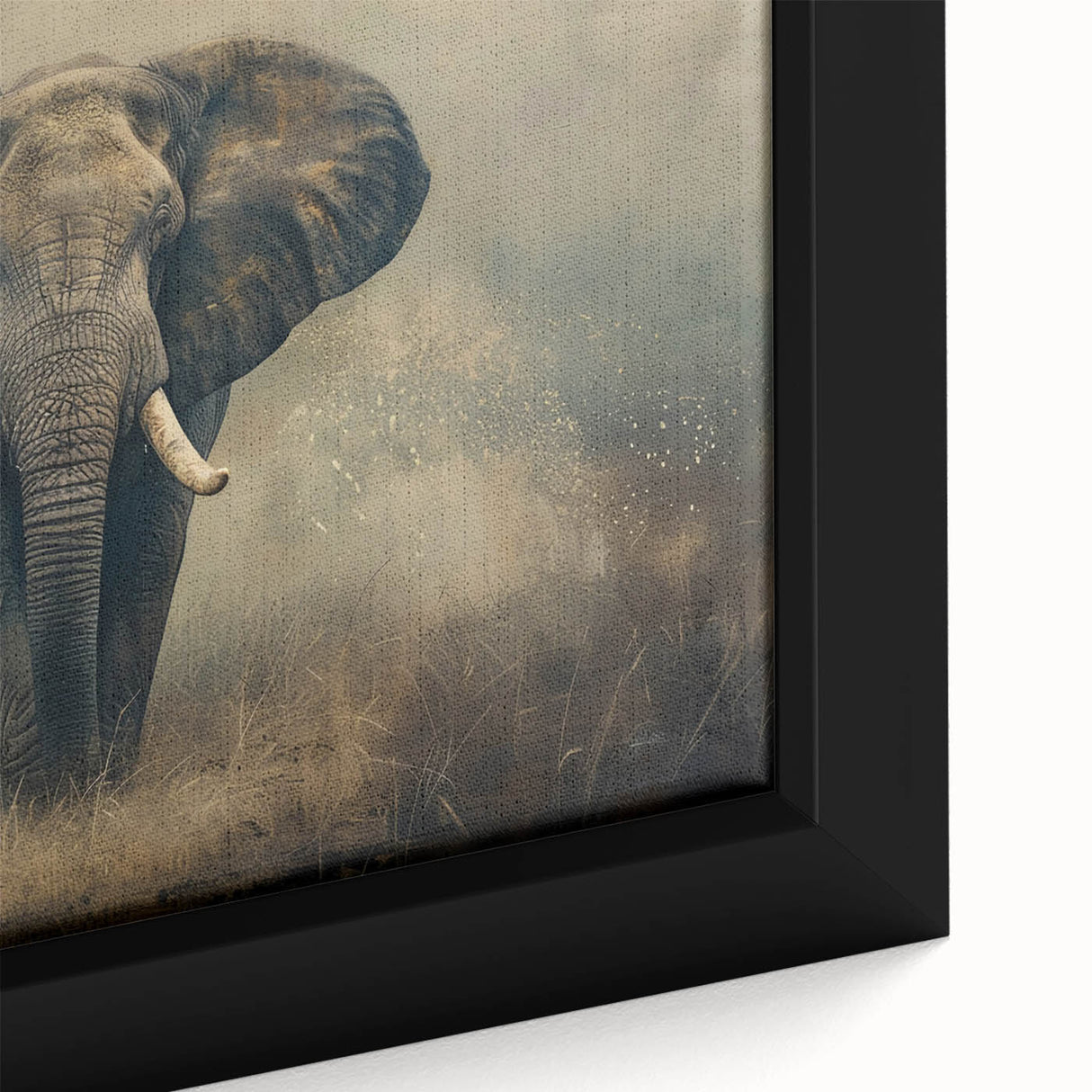 Close-up of a beautifully framed canvas wall art featuring a majestic elephant design, showcasing intricate details and vibrant colors, perfect for animal lovers.