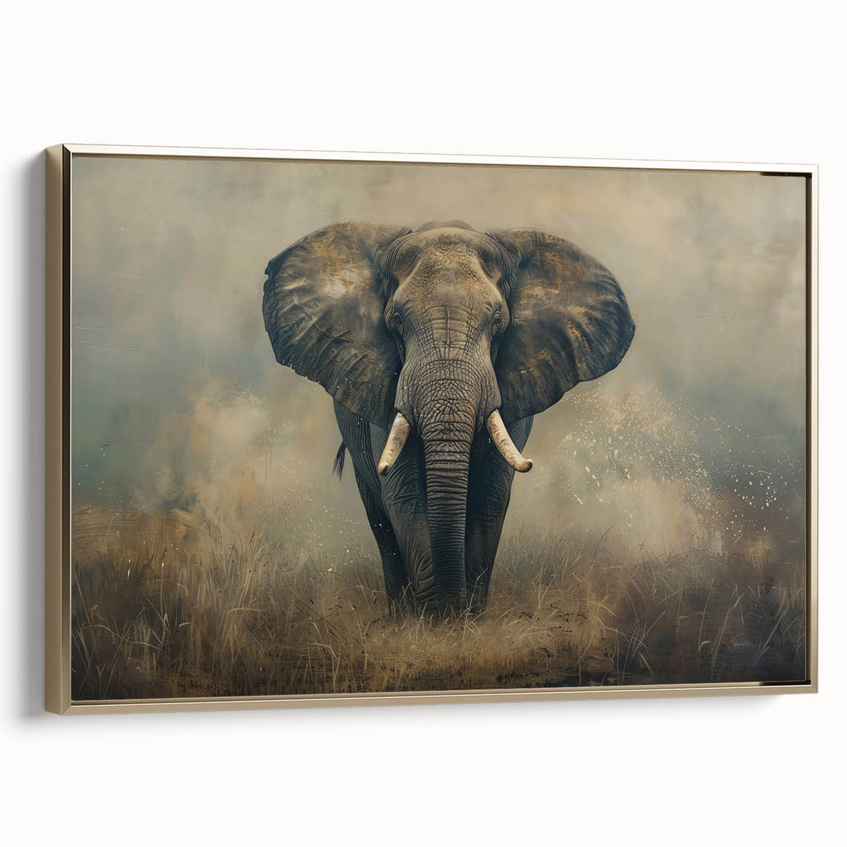 Framed canvas wall art depicting a majestic elephant in a golden hue, showcasing intricate details of its trunk and tusks against a neutral background, perfect for wildlife enthusiasts.