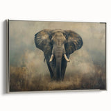 Framed wall art featuring a majestic side view of an elephant, showcasing intricate details and a silver-toned border, perfect for wildlife enthusiasts and home decor.