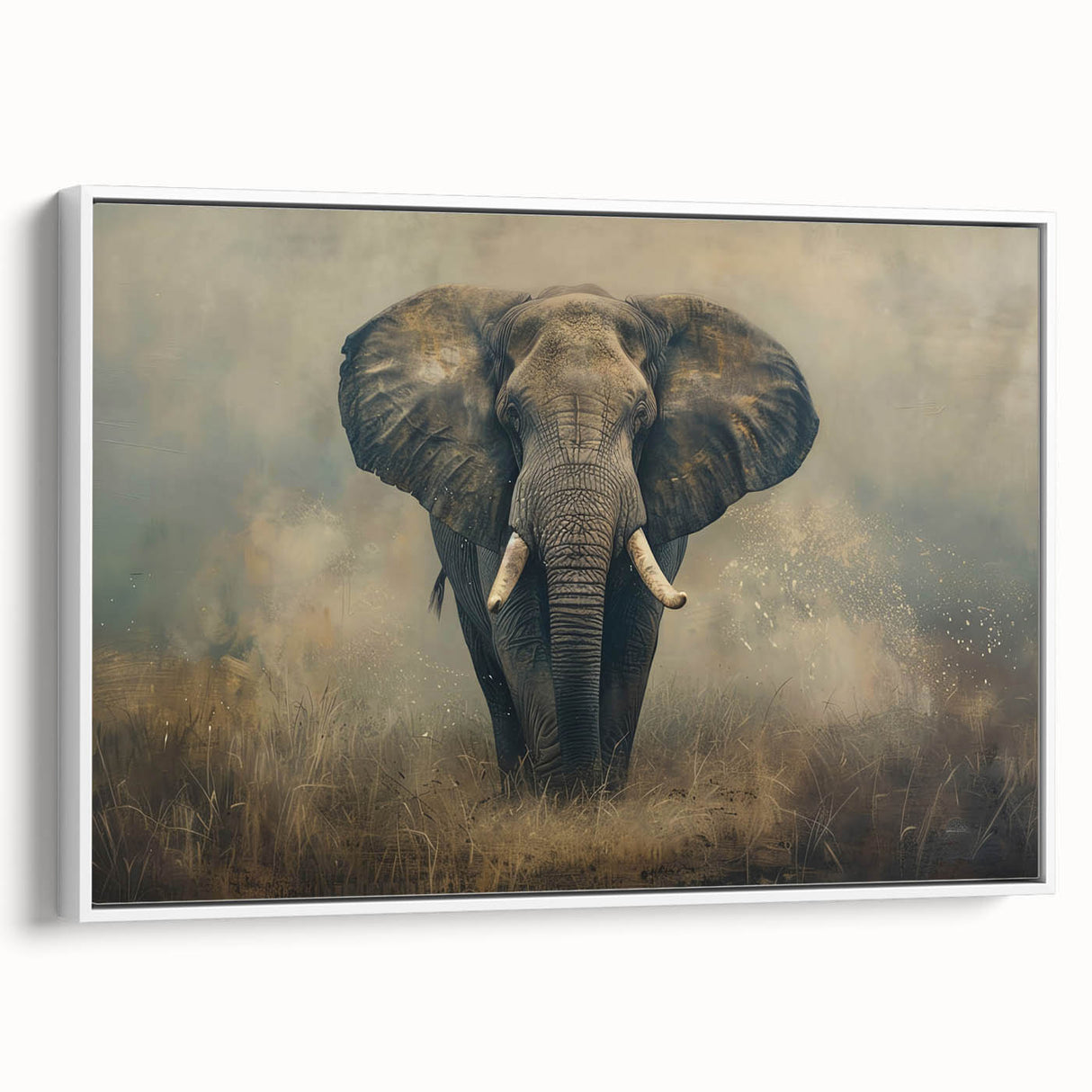 Framed wall art featuring a side view of a majestic elephant design in a colorful, abstract style. The canvas is set against a white background, enhancing its vibrant details, perfect for adding a touch of wildlife elegance to home décor.