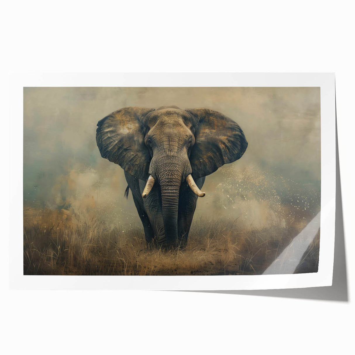 Elephant-themed wall art print showcasing a vibrant, colorful design inspired by African wildlife, rolled and ready for display, ideal for nature lovers and home decor.