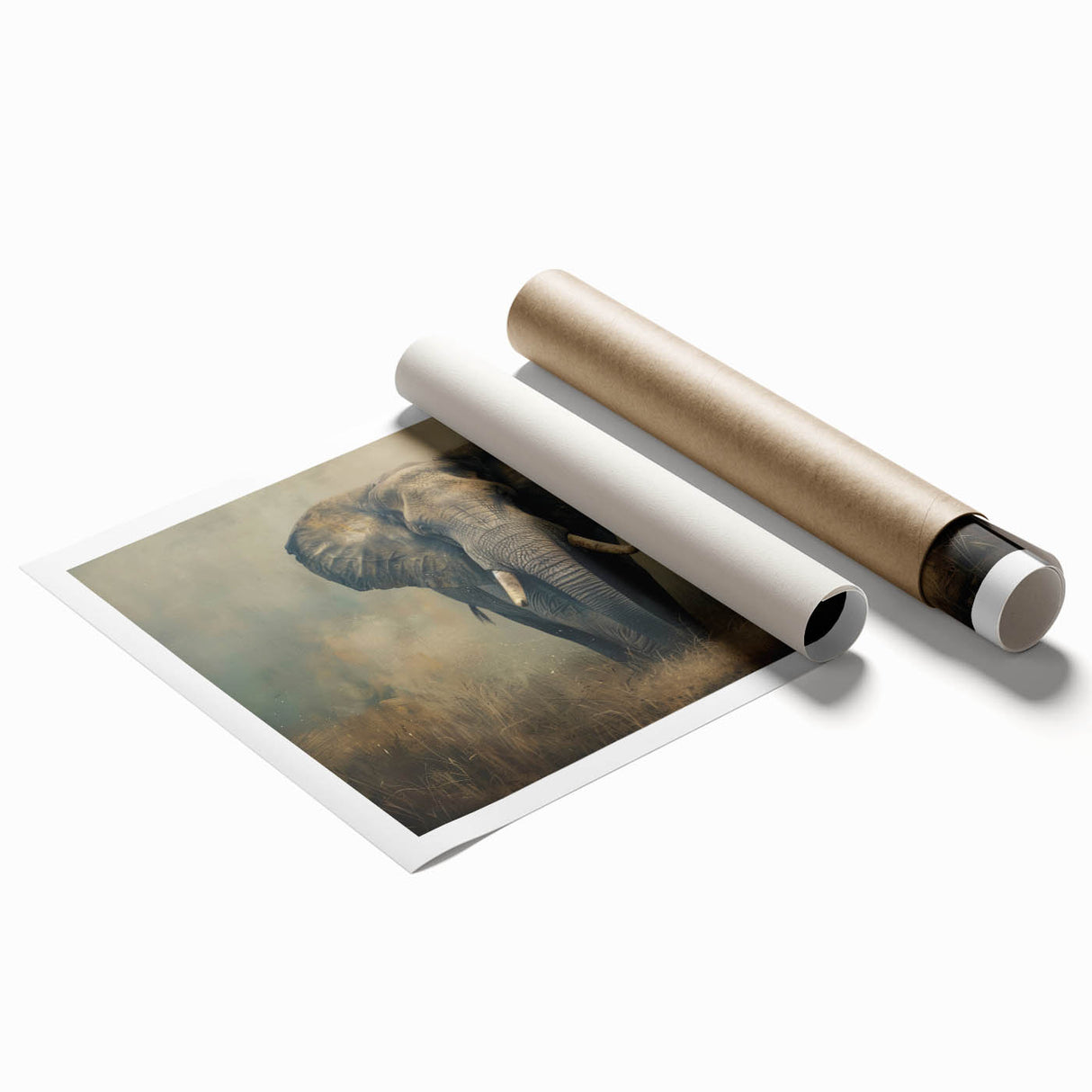 Elephant wall art print showcasing a majestic African elephant in a vibrant natural habitat, rolled and packaged in a protective cardboard tube for easy display.