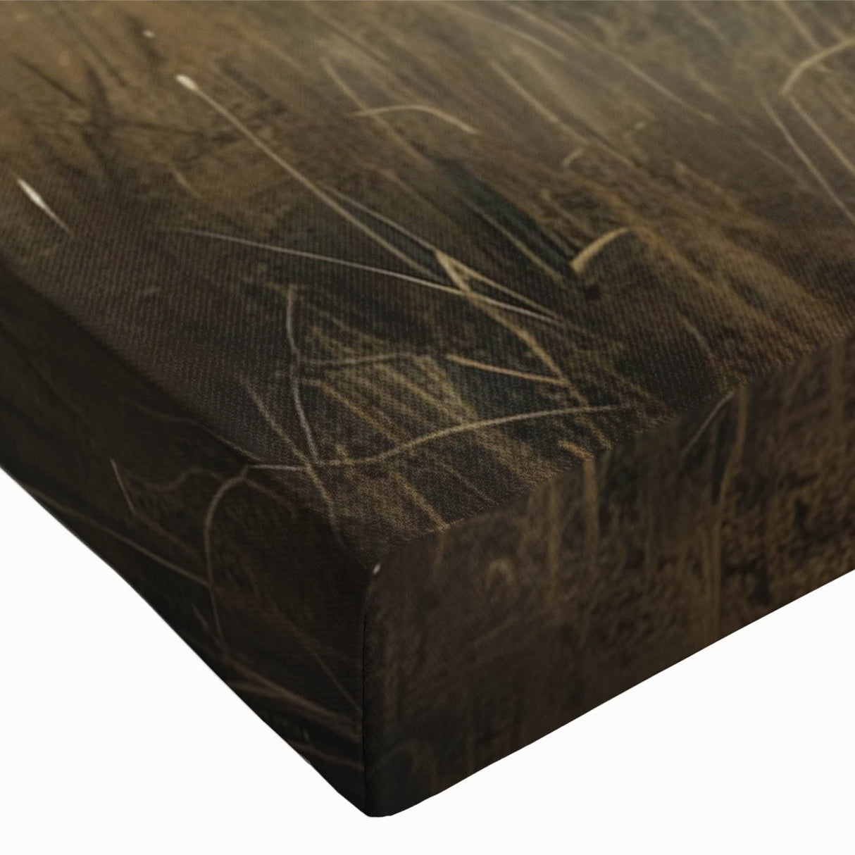 Close-up of a vibrant stretched canvas wall art featuring a majestic elephant design, showcasing intricate details and textures in earthy tones, perfect for wildlife enthusiasts' decor.