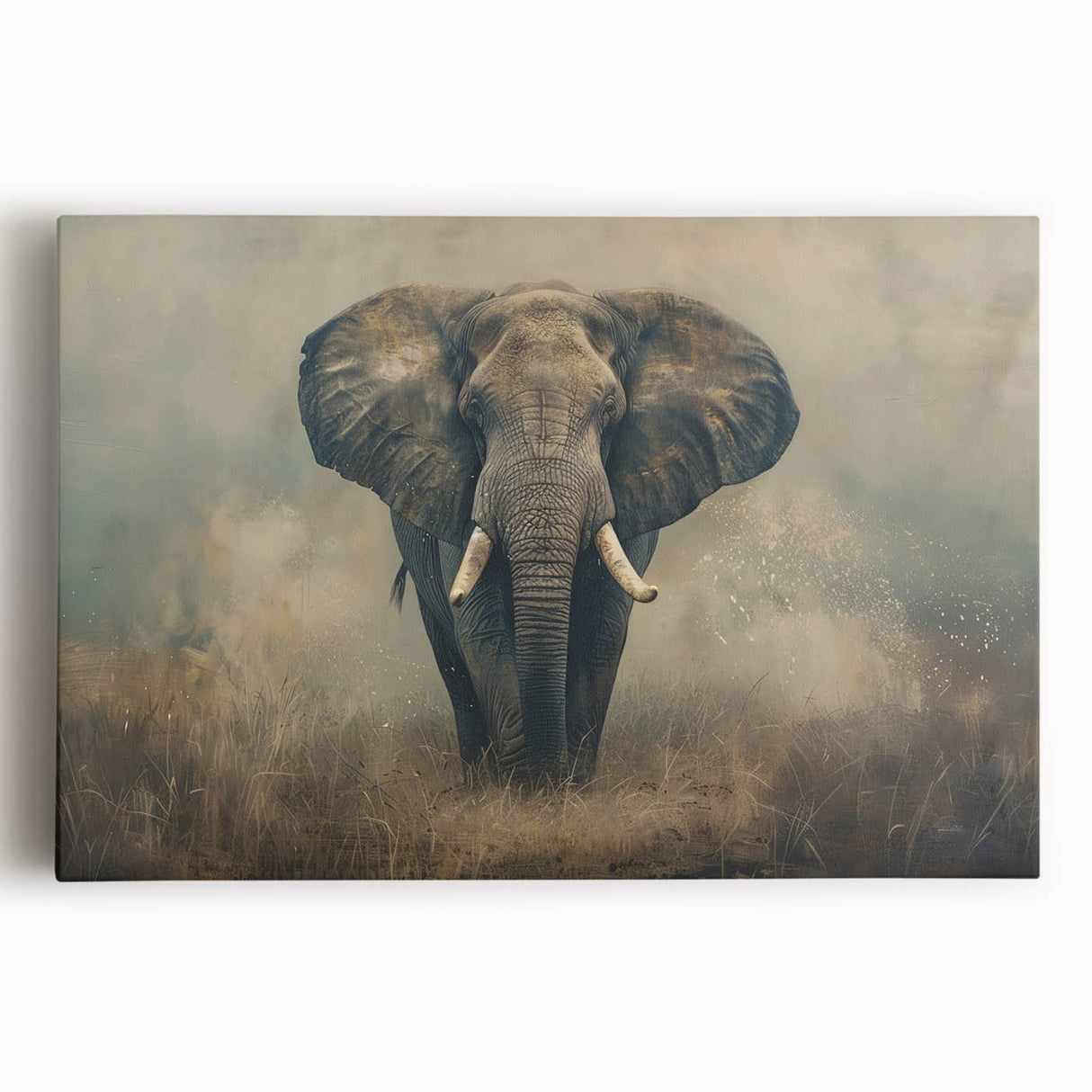 Stretched canvas wall art showcasing a majestic elephant design in earthy tones, perfect for wildlife enthusiasts, adding a touch of nature to any room.