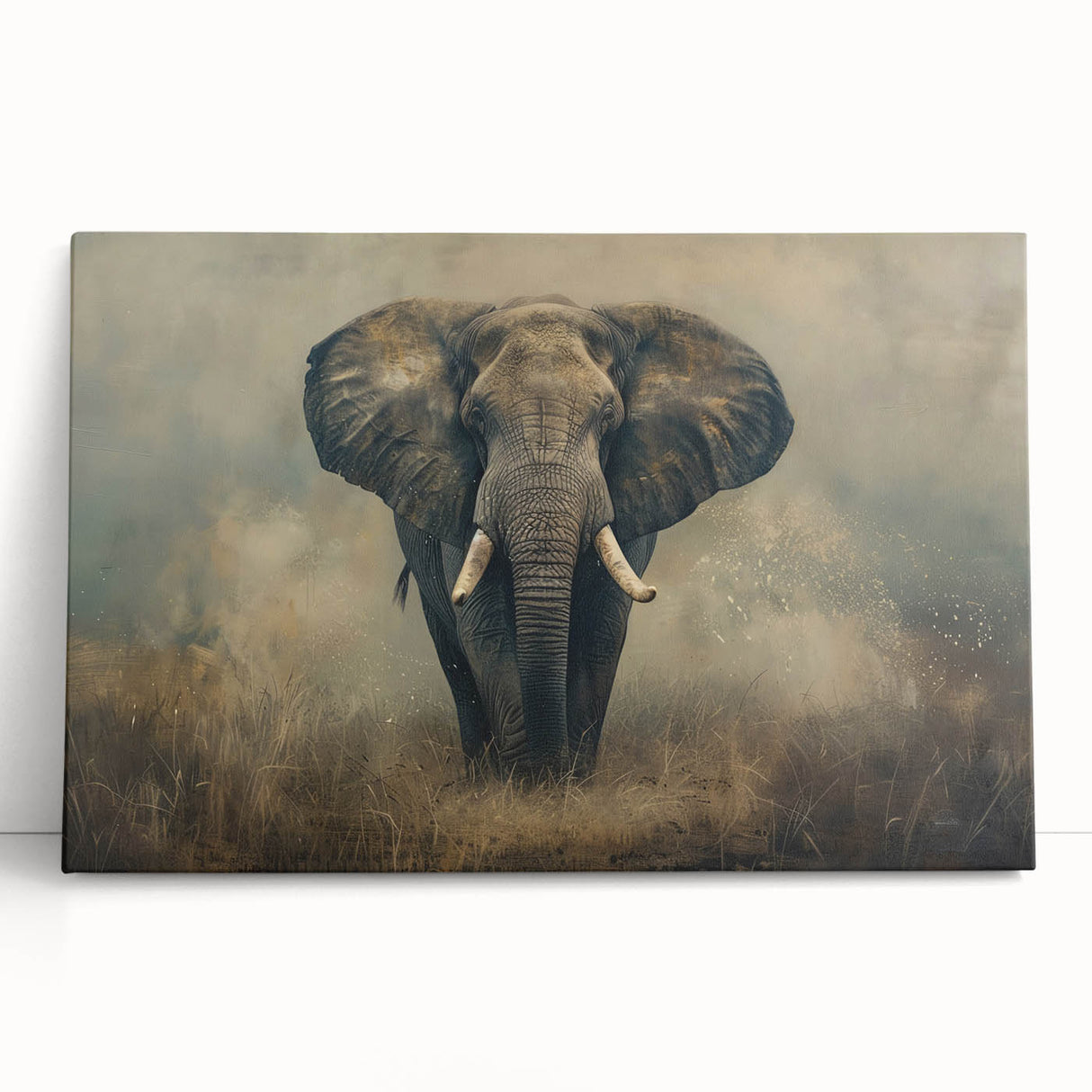 Stretched canvas wall art showcasing a vibrant elephant design in earthy tones, perfect for adding a wildlife theme to home decor. Ideal for nature lovers.